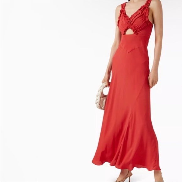 Doen Amoretta Maxi Dress Tigerlily Red V-Neck Ruffled Cut Out Size XXS NEW - Picture 7 of 16